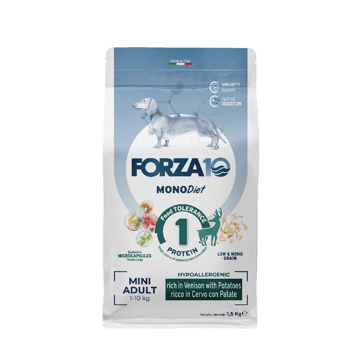 FORZA10 MonoDiet Mini Adult ir pilnvērtīga sabalansēta diētiska barība ar brieža gaļu un kartupeļiem - hipoalerģiska barība mazo šķirņu suņiem ar barības nepanesību