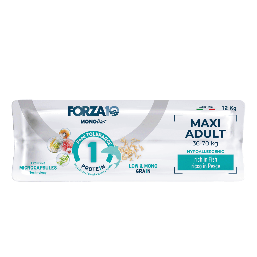 Forza10 Mono Diet Maxi adult ar zivi - pilnvērtīga, sabalansēta sausā barība liela auguma alerģiskiem un jūtīgiem suņiem ar zivi iepakojuma apakaša