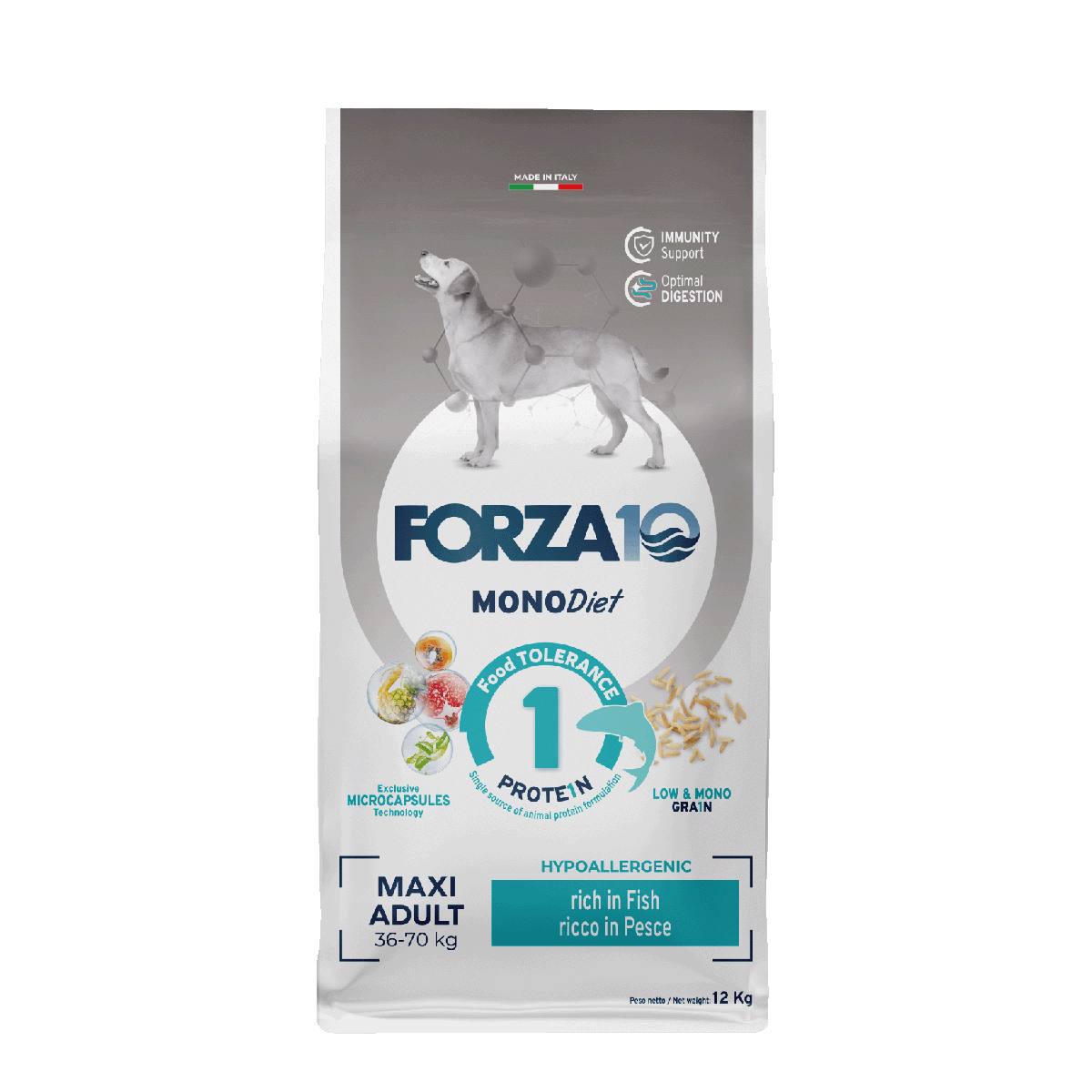 FORZA10 MonoDiet MAXI ar zivi ir pilnvērtīga, sabalansēta barība. Hipoalerģiska monoproteīna diētiskā barība lielo šķirņu suņiem ar barības nepanesību.