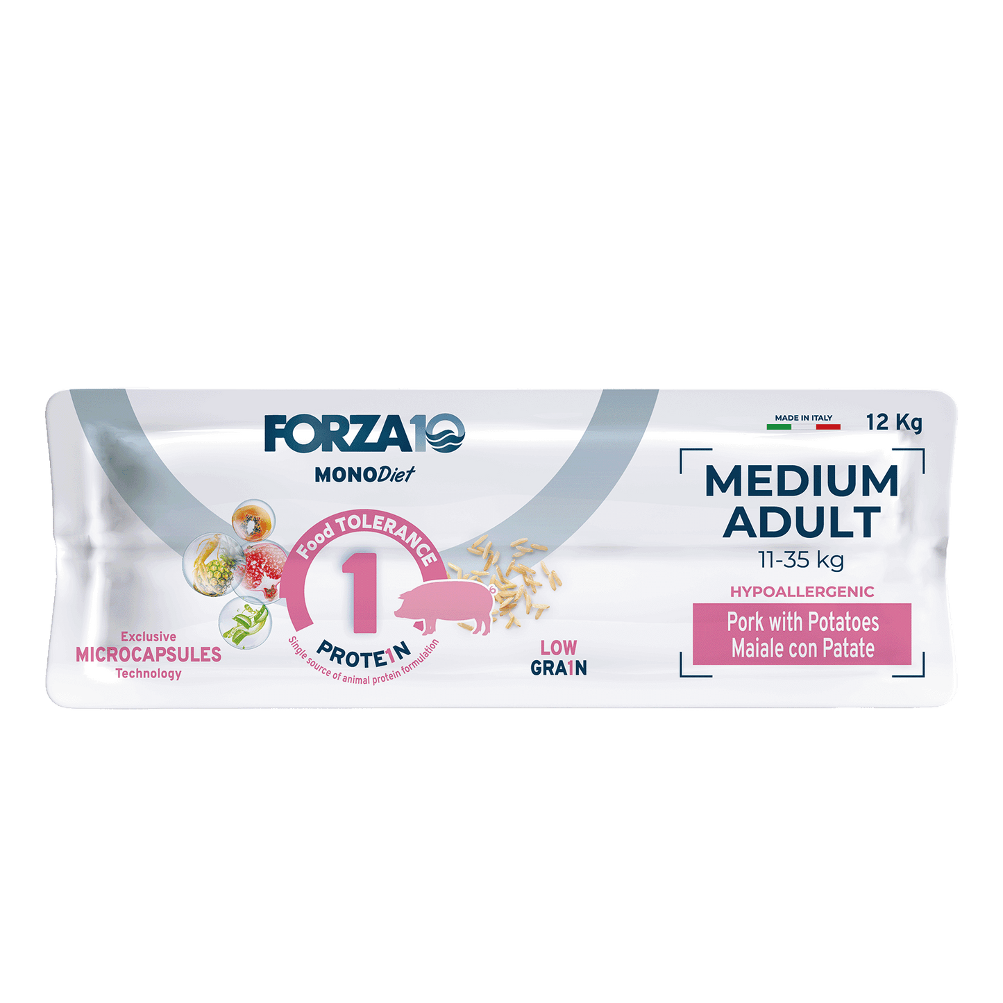 Forza10 MONODiet Medium Adult pork with potaoes - pilnvērtīga, sabalansēta ikdienas diētiskā barība ar cūkgaļu un kartupeļiem vidēja auguma suņiem