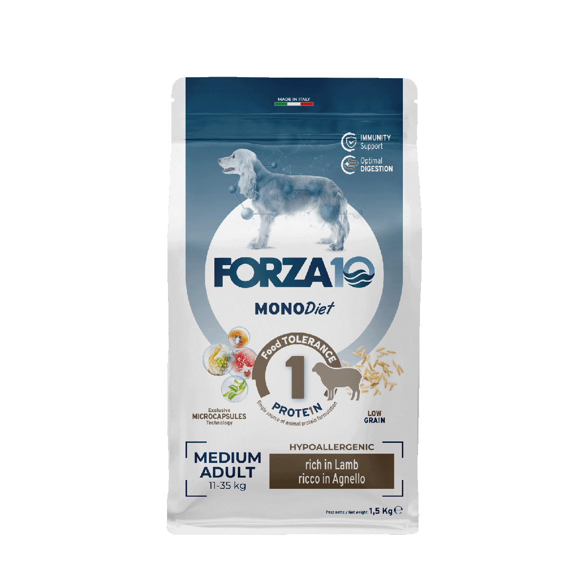 FORZA10 MonoDiet Medium Adult ir sausā barība ar jēru hipoalerģiska diētiskā barība jutīgiem un alerģiskiem vidējo šķirņu suņiem ar barības nepanesību.