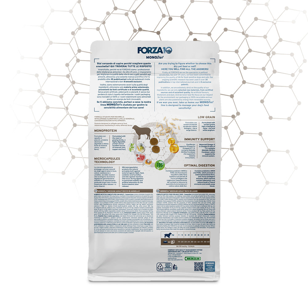 FORZA10  MEDIUM MONO Diet ir pilnvērtīga sabalansēta sausā barība ar jēru - hipoalerģiska sausā barība vidējo šķirņu suņiem ar barības (barības sastāvdaļu) nepanesību.