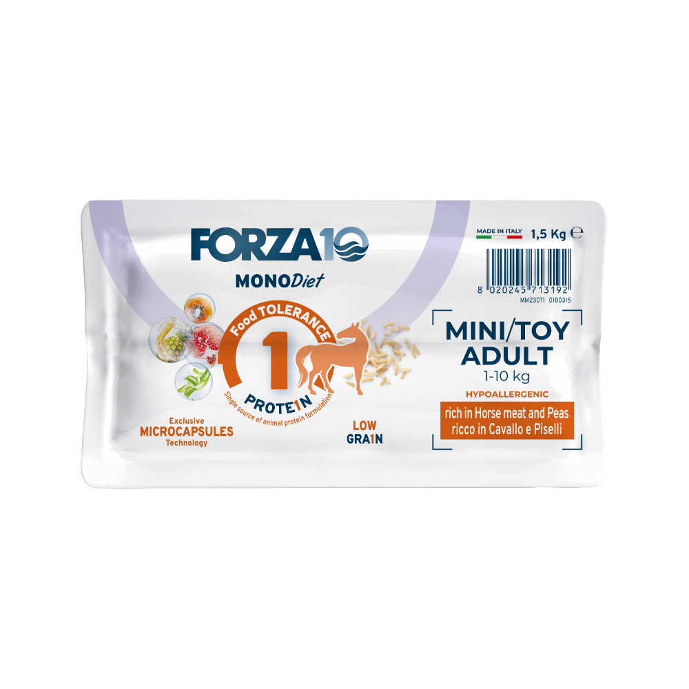 Forza10 MonoDiet Mini/Toy Horse and peas - hipoalerģiska monoproteīna sausā barība ar zirga gaļu un zirņiem maza auguma suņiem iepakojuma apakša