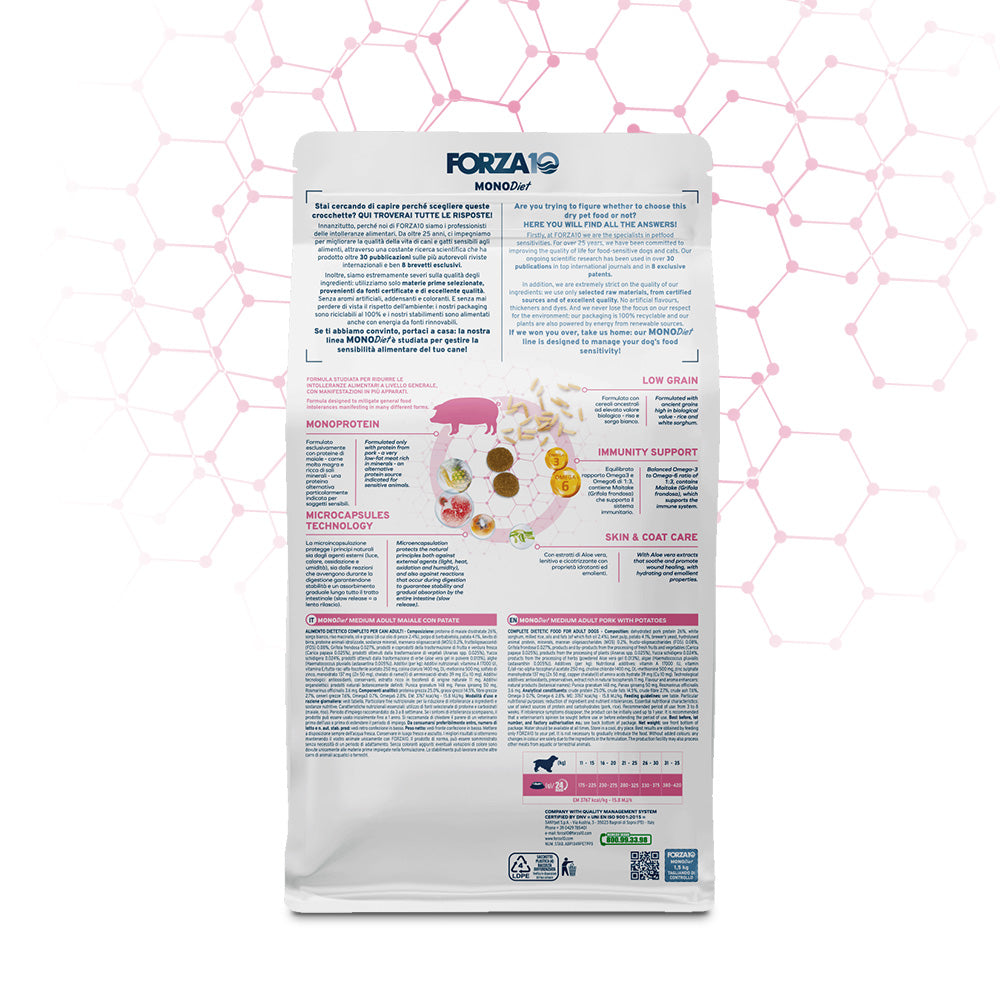 Forza10 MONODiet Medium Adult pork with potaoes - pilnvērtīga, sabalansēta ikdienas diētiskā barība ar cūkgaļu un kartupeļiem vidēja auguma suņiem