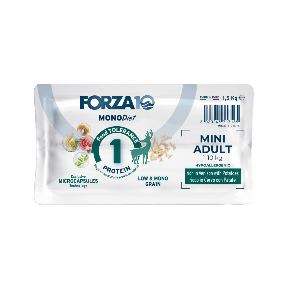 Forza10 Mini DIET sausā barība alerģiskiem, jutīgiem suņiem ar briedi un kartupeļiem