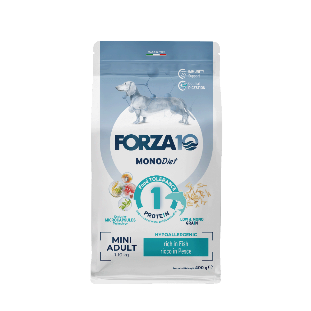 FORZA10 Mono DIET Mini Adult pilnvērtīga, sabalansēta diētiska monoproteīna sausā barība ar zivi maza auguma jutīgiem suņiem ar barības vai barības vielu nepanesību.