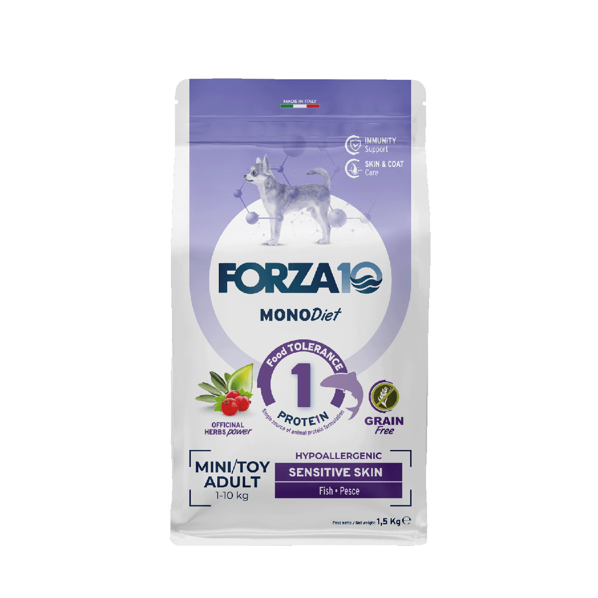 Forza10 MonoDiet Sensitive Skin Mini/Toy Adult&nbspir&nbspmonoproteīna&nbspbezgraudu pilnvērtīga diētiskā barība pieaugušiem mazo šķirņu suņiem ar jutīgu ādu.