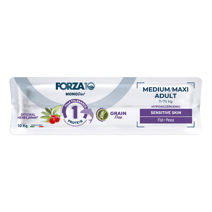 FORZA10 Monodiet Med/Maxi Adult Sensitive Skin šunims begrūdis su žuvimi