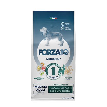 FORZA10 &nbsp;MonoDiet Medium Adult ir pilnvērtīga, sabalansēta diētiska barība no brieža gaļas un kartupeļiem - hipoalerģiska barība jutīgiem vidējo šķirņu suņiem ar barības nepanesību.