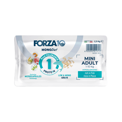 FORZA10 Mono DIET Mini Adult pilnvērtīga, sabalansēta diētiska monoproteīna sausā barība ar zivi maza auguma jutīgiem suņiem ar barības vai barības vielu nepanesību.