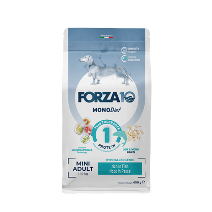 FORZA10 Mono DIET Mini Adult pilnvērtīga, sabalansēta diētiska monoproteīna sausā barība ar zivi maza auguma jutīgiem suņiem ar barības vai barības vielu nepanesību.